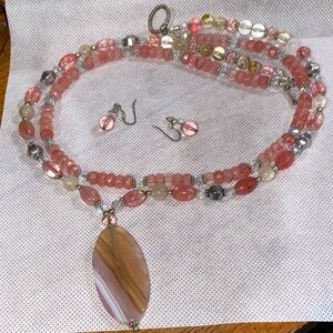 Elegant Pink and Silver Beaded Necklace Set